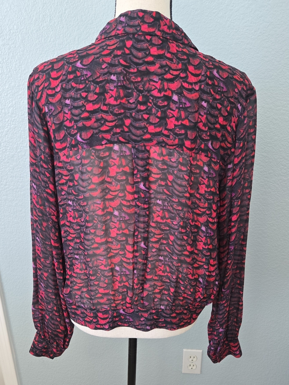 All Saints Adeliza Plume Blouse Jewel Tone Semi Sheer Feather Printed Sz Medium - Picture 13 of 16